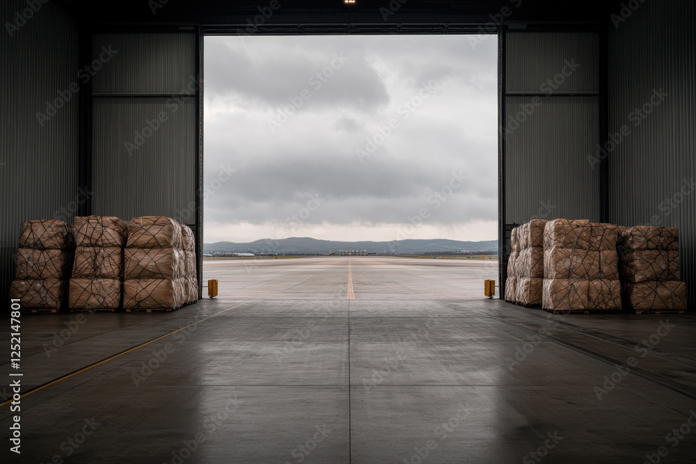 Poster a large open hangar with a view of the sky and mountains