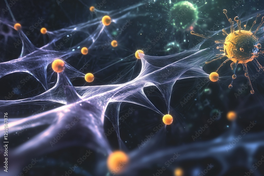 Poster networked cellular structures interconnected by fine filaments, resembling neurons or viral interact
