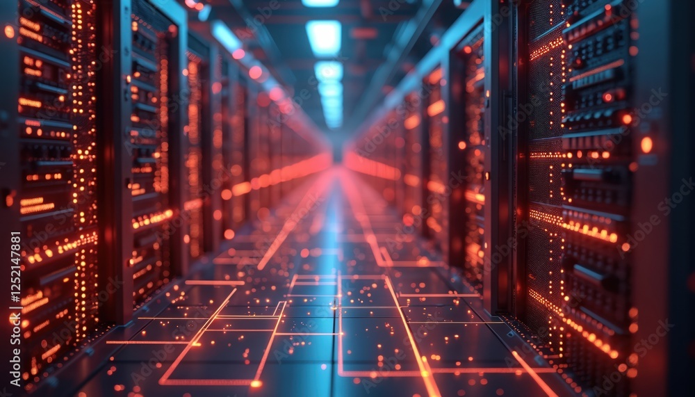 Poster illustration of network and internet communication tech with data center structure. server racks wit