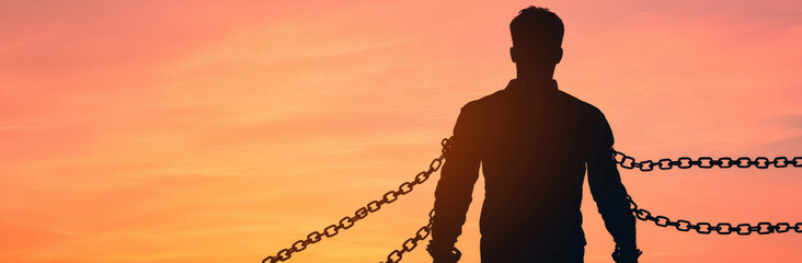 Naklejka premium silhouette of man with chains against vibrant sunset sky, symbolizing struggle and freedom