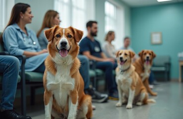 Dogs in vet waiting room. Pets, owners await appointment. Brown dogs sit, stand in line indoors. Concept of animal care, health, visit, check-up, vaccination, diverse breeds, attentive observation,