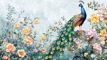 Classical botanical illustration mural with a peacock gracefully surrounded by blooming flowers and garden foliage