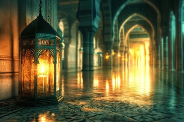 Illuminated Lantern in a Majestic Hallway with Intricate Tile Patterns and Soft Glowing Light