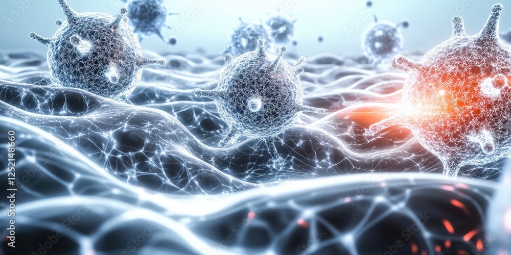 Fototapete artistic representation of pathogens within a networked organic structure, rendered in a soft, cool-
