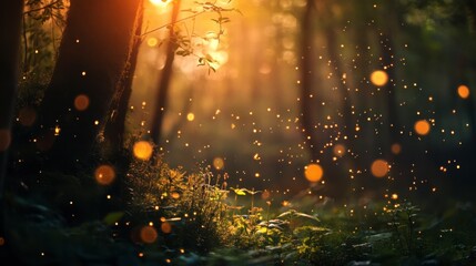 Fototapeta premium Enchanted Forest: Golden Light and Fireflies