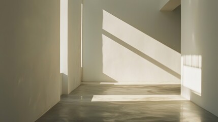 Obraz premium Warm minimalist studio natural light casts long serene shadows on plain white walls and smooth concrete floors.