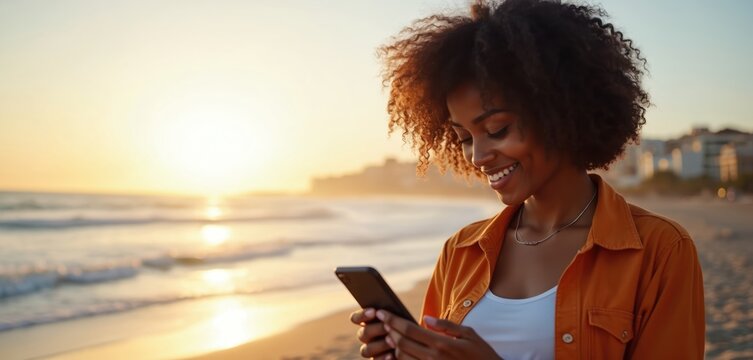 Smiling african woman uses smartphone at sandy sea beach resort at sunset. Checking social media, texting with friends, surfing online, enjoys vacation. Golden sunlight, holiday mood.