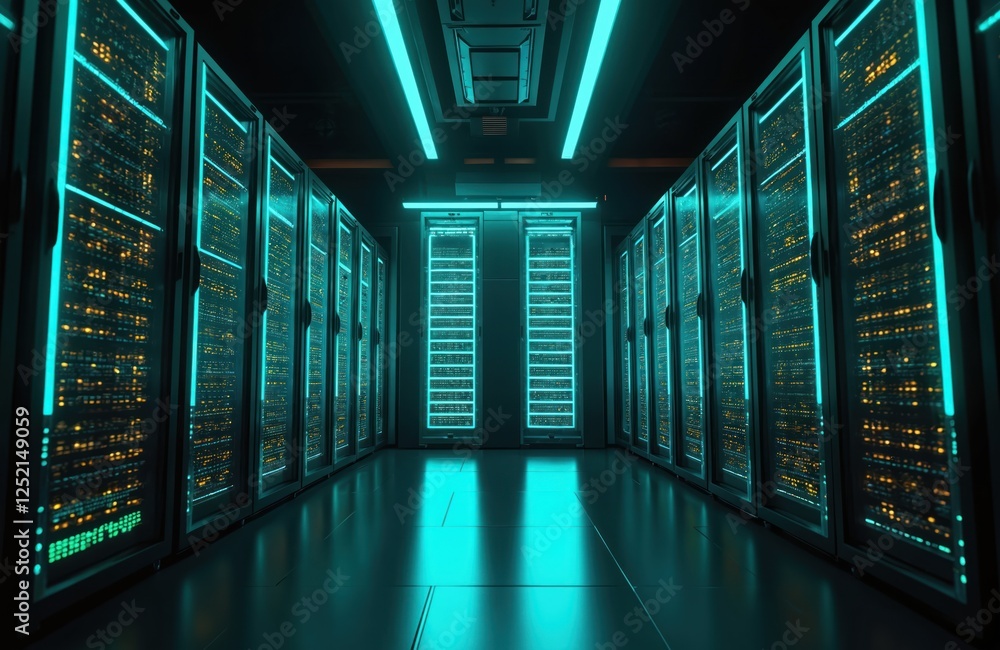 Poster illustration of data storage systems in server room with bright lights against dark background. mode
