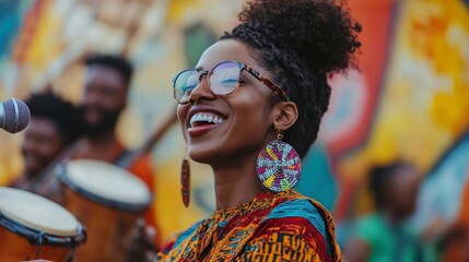 Obraz premium Joyful African Singer Performing with Band Outdoors