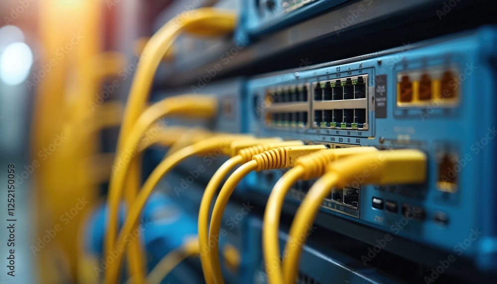 Poster it computer network with yellow telecommunication ethernet cables connected to internet switch in da
