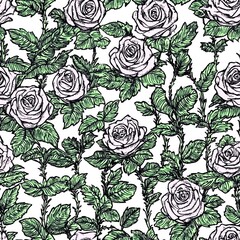 Seamless floral pattern featuring intricately engraved roses and thorny branches in black and white, set against a bold color background. Generative by Ai
