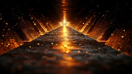 Obraz premium Golden Illuminated Tunnel with Geometric Patterns and Sparkling Bokeh Effect, Abstract Background