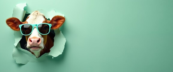 Funny cow with eyewear emerges through paper. Cool farm animal with playful attitude, quirky character breaks through. Creative, humorous image for fun design, dairy themes.