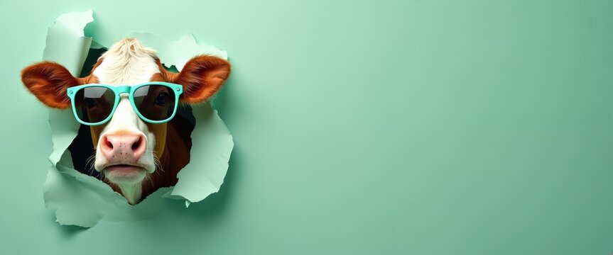 Funny cow with eyewear emerges through paper. Cool farm animal with playful attitude, quirky character breaks through. Creative, humorous image for fun design, dairy themes.