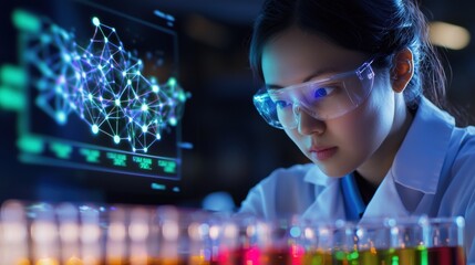 Scientist at work with test tubes, wearing safety glasses looking at data on a screen. Science, technology, research in a lab.