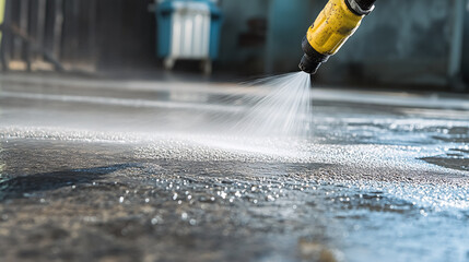 High-pressure cleaning is depicted on a concrete surface.