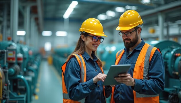 Two engineers in hard hats, safety vests use tablet. Woman, man work at factory, check equipment parameters, Industry 4. 0 manufacture process. Industrial technology, automation. - Powered by Adobe
