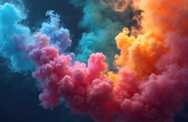 Vibrant, multi colored smoke display fills air, creating abstract cloud. Blue, pink, orange color burst, creating beautiful background texture, perfect for creative designs, art projects,
