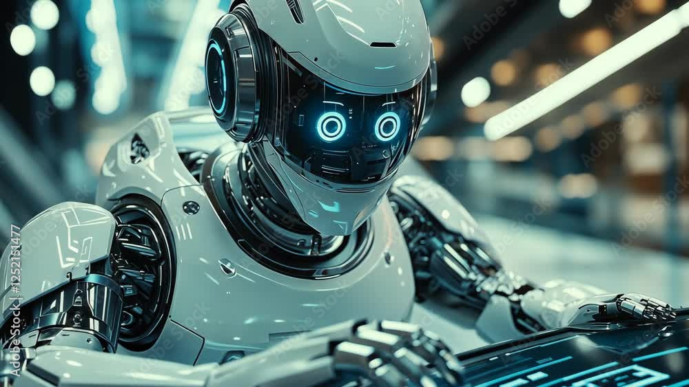 Poster advanced humanoid robot interacting with a touch screen in a futuristic setting during the daytime
