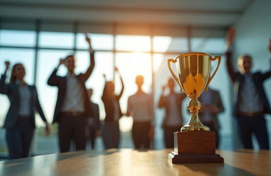 Golden trophy stands on table. Celebrating business team raise hands in background. Achievement, reward, corporate success, leadership. Company celebrates victory, awards, career opportunities,