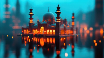 Illuminated architectural masterpiece reflecting on water at twilight with a serene atmosphere