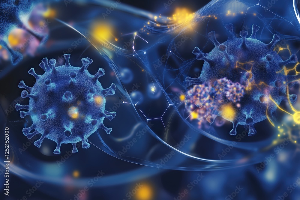 Poster microscopic view of a virus cell with intricate details. a vibrant display of blue and yellow highli