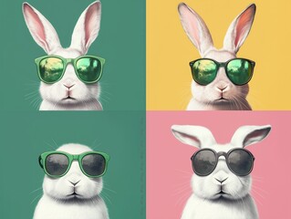 Cool rabbits. A whimsical image of four white rabbits, each sporting stylish sunglasses, set against colorful backgrounds.