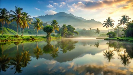 Obraz premium serene lake view at dawn with misty water reflecting Bali's lush green hills and palm trees in the background , peaceful lake scenery, serene atmosphere