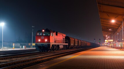 Obraz premium Red Freight Train at Night Railway Station