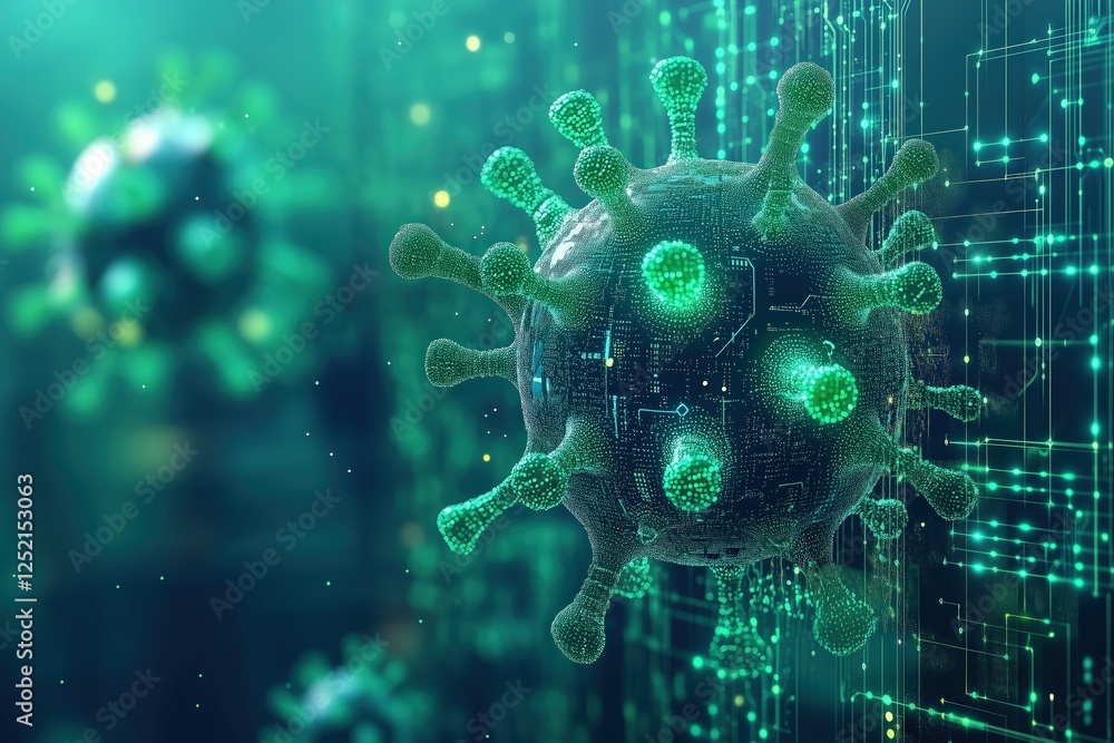 Poster digital rendering of a virus. computer-generated image evokes microscopic disease integrated with te