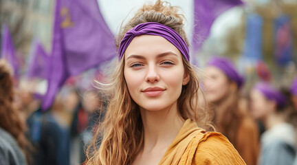 Fototapeta premium Photo of a woman, with purple headbands on their heads, International Women's Day. March 8, street background, background flags. feminine power. positive energy 