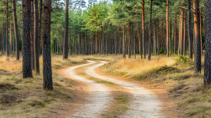 Obraz premium Winding forest path, golden sunlight, tranquil scene