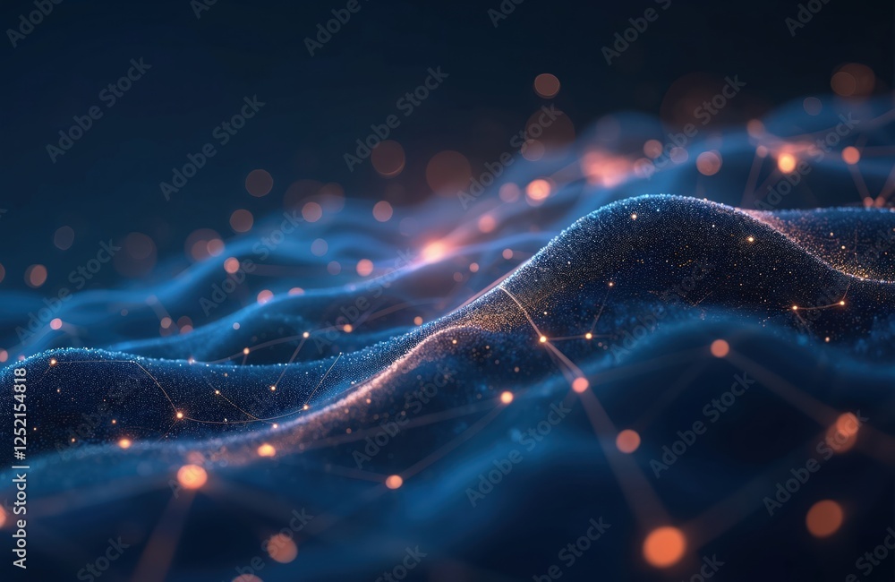 Poster abstract data visualization of flowing digital information. network connection dots, lines. insightf