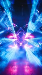 Laser Tunnel Stage with Pulsating Neon Lights and Thick Fog. Copy space. Generative AI