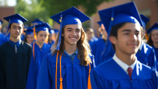High school graduates at a college orientation, proudly wearing university apparel. - Powered by Adobe