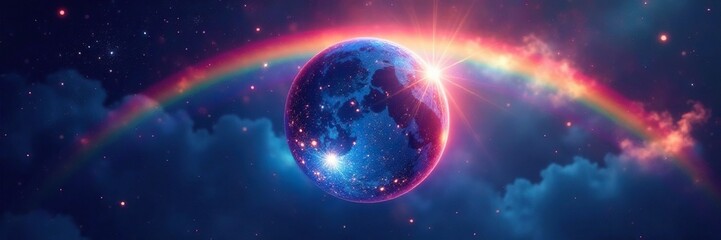 Obraz premium Rainbow glowing orb suspended in an infinite blue space, boundless, cosmic, rainbow