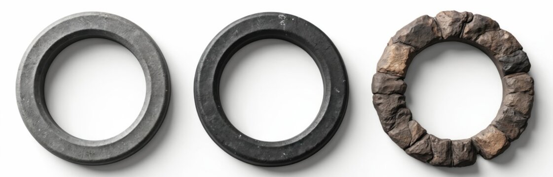 Three circle rock stone frames isolated on white. Bolder ring, stony texture. Mockup template for photo or picture. Empty copy space for logo or image.
