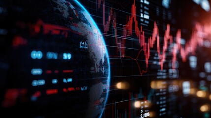 Futuristic digital globe surrounded by fluctuating stock market graphs and data visuals
