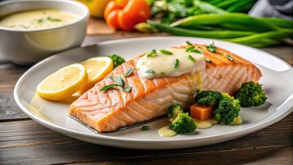 Pan-seared salmon fillet on a white plate with a side of steamed vegetables and a drizzle of lemon butter sauce