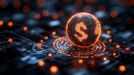 Digital globe with dollar sign over circuit board; global finance concept; stock photo