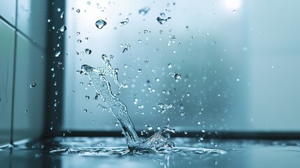 Water splash creating droplets in mid-air with a clear blue background demonstrating fluid motion and dynamic nature