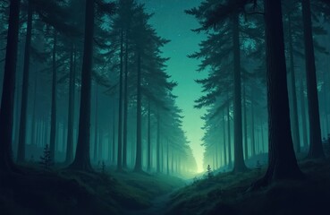Fototapeta premium Night forest illustration with stars sky. Dark serene nature scene with majestic trees. Path through tranquil woodland. Beautiful mystical dreamlike scenery with fog.