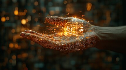 Digital hand, glowing particles, urban city background, conceptual, art piece