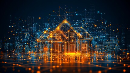 Digital house design over city lights.  Possible stock photo use Architecture concept