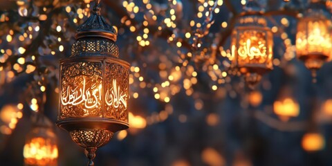 Ornate lanterns illuminated at night, surrounded by twinkling lights in a festive atmosphere