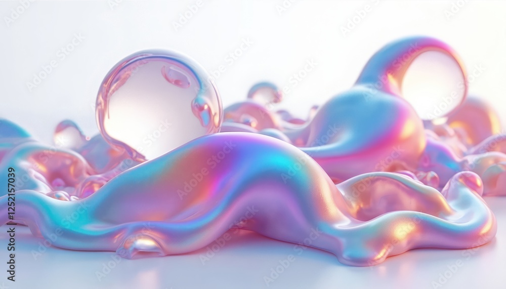 Poster abstract holographic metal blob rendered in 3d. liquid shape with iridescent chrome fluid bubble iso