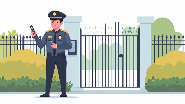 Cartoon illustration of a security guard in uniform checking his mobile phone at the gate