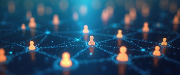 Illustration of glowing people connected by network. Social network, connection. Concept for HR, recruitment, referral program, teamwork, leadership, digital transformation, decentralization,