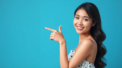 Fototapeta premium Young elegant beautiful Asian woman dressed in summer clothes smiling and pointing to empty copy space isolated on blue background