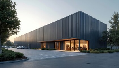 Fototapeta premium Illustration of modern dark blue steel warehouse exterior with office, parking. Commercial building, distribution center, factory concept. Industrial architecture, metal facade. Logistics, export,
